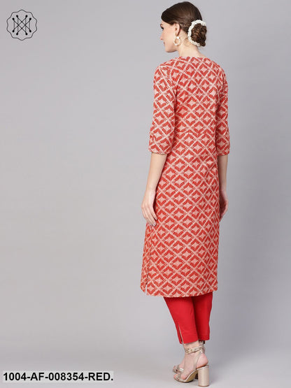 Red Geometrical Printed Round Neck 3/4Th Sleeve Kurta With Cigratte Pant