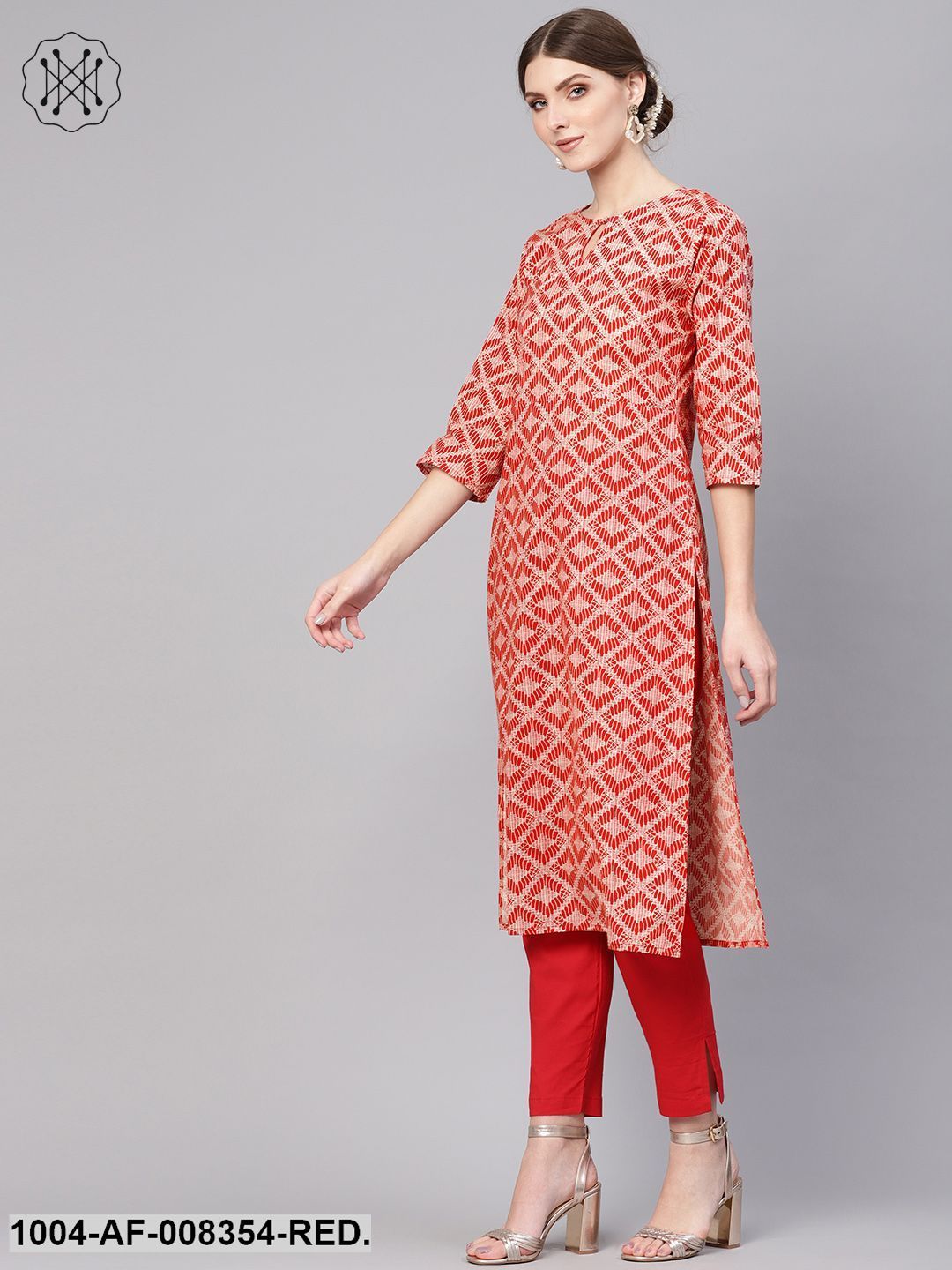 Red Geometrical Printed Round Neck 3/4Th Sleeve Kurta With Cigratte Pant