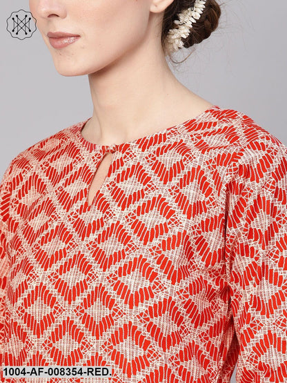Red Geometrical Printed Round Neck 3/4Th Sleeve Kurta With Cigratte Pant