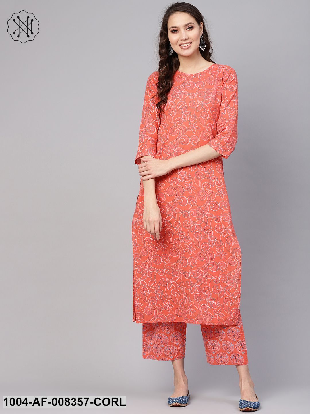 Coral Floral Printed Round Neck 3/4Th Sleeves Straight Kurta With Pants