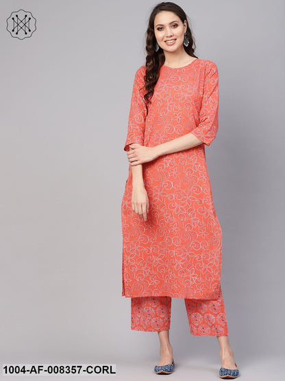 Coral Floral Printed Round Neck 3/4Th Sleeves Straight Kurta With Pants