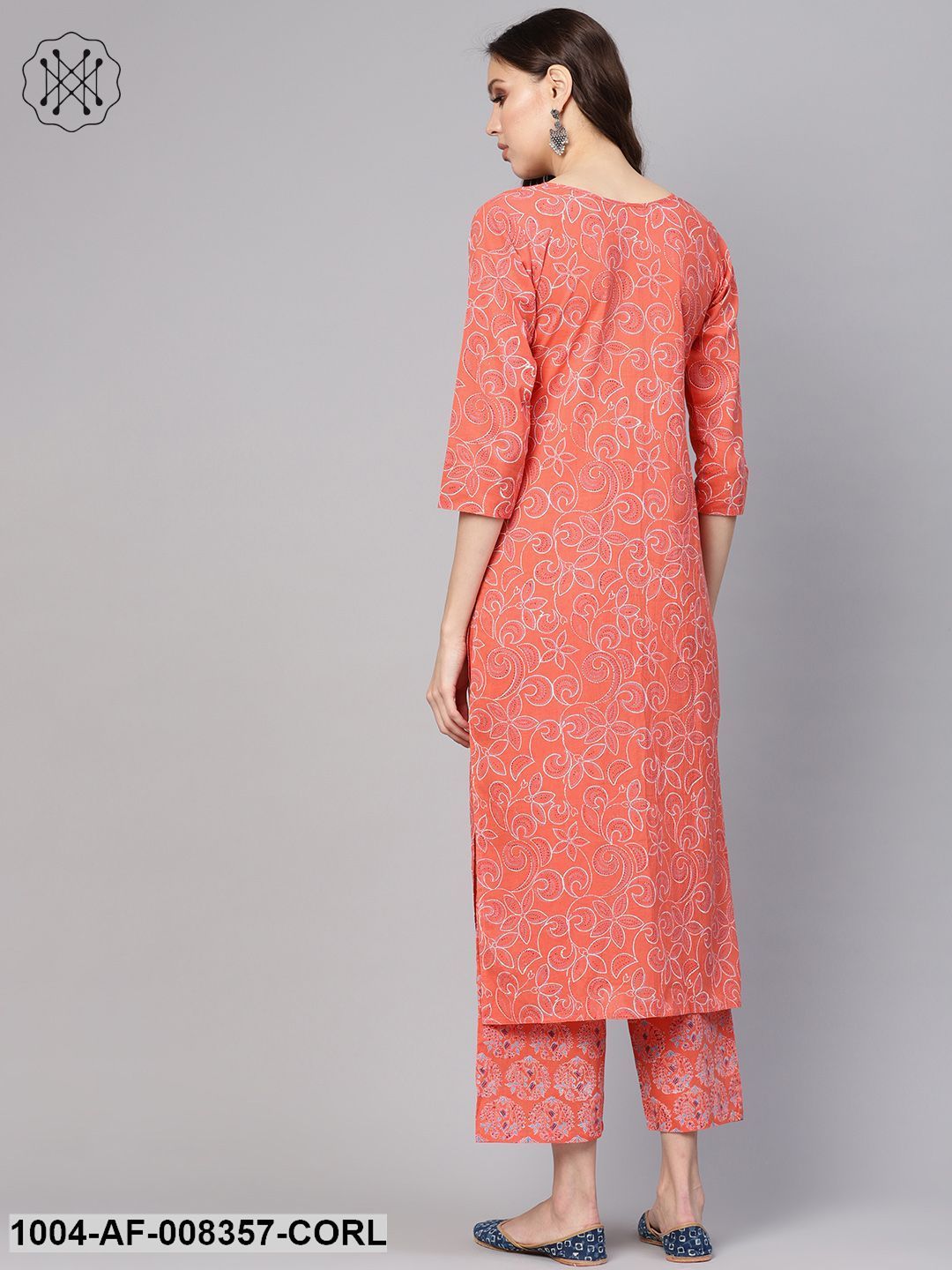 Coral Floral Printed Round Neck 3/4Th Sleeves Straight Kurta With Pants