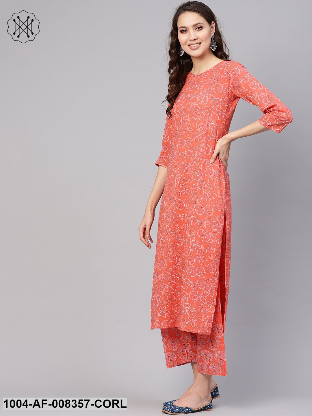 Coral Floral Printed Round Neck 3/4Th Sleeves Straight Kurta With Pants