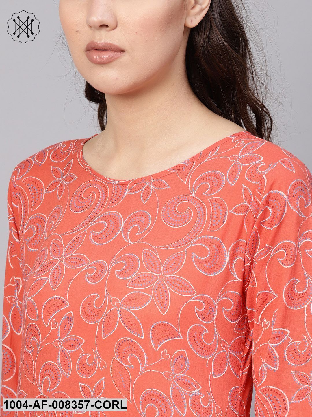 Coral Floral Printed Round Neck 3/4Th Sleeves Straight Kurta With Pants
