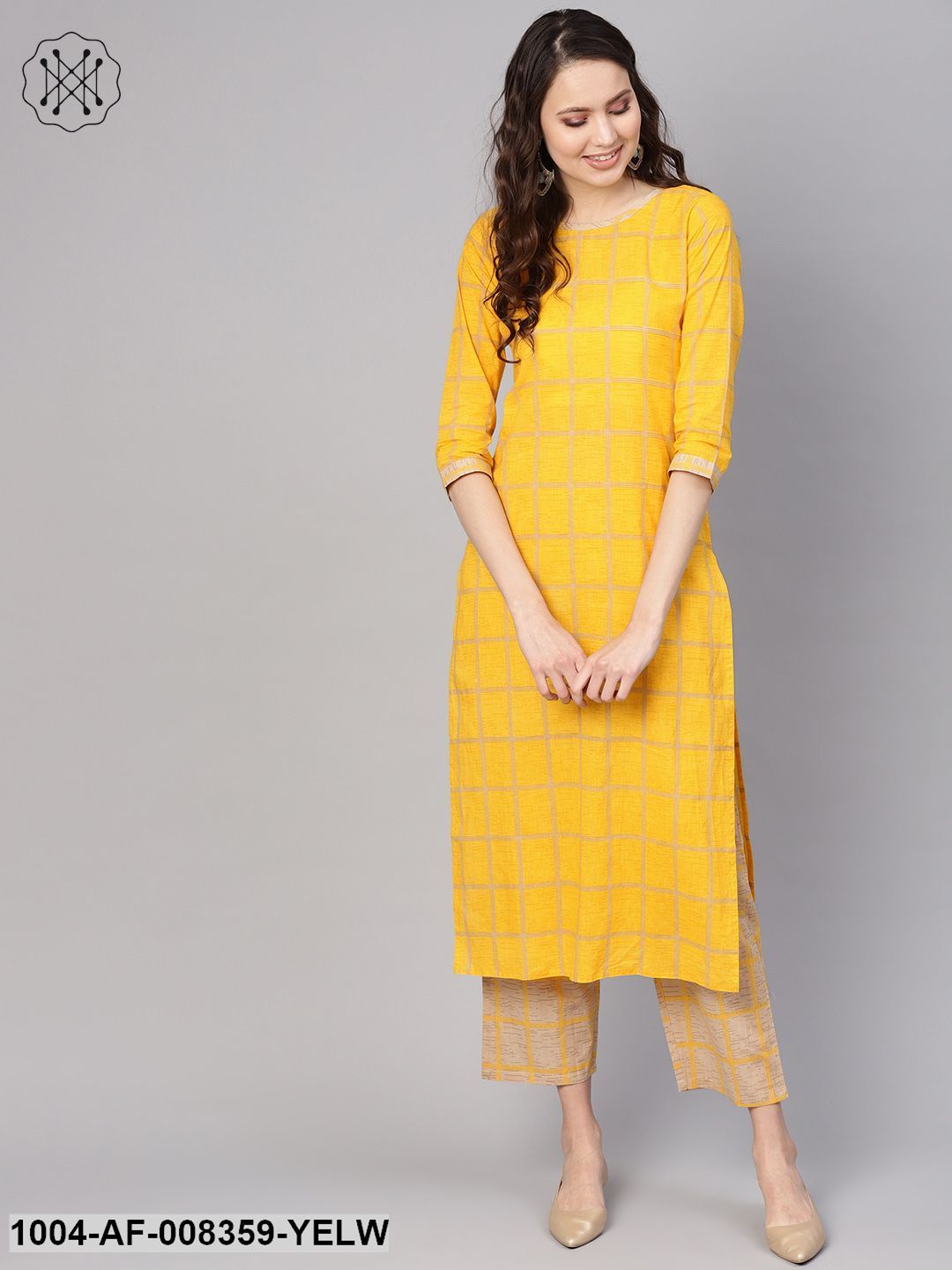 Yellow 3/4Th Sleeve Cotton Kurta With Beige Palazzo