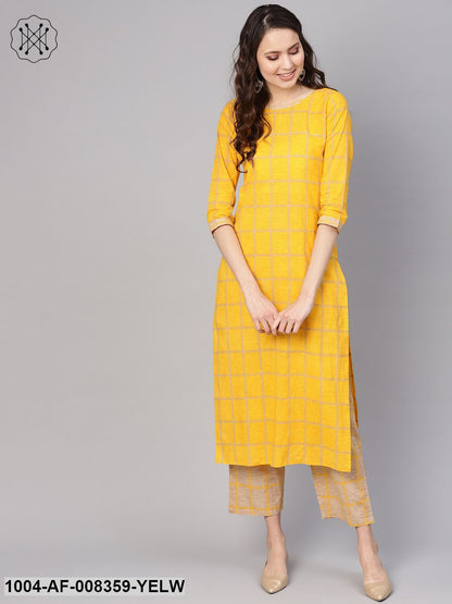 Yellow 3/4Th Sleeve Cotton Kurta With Beige Palazzo