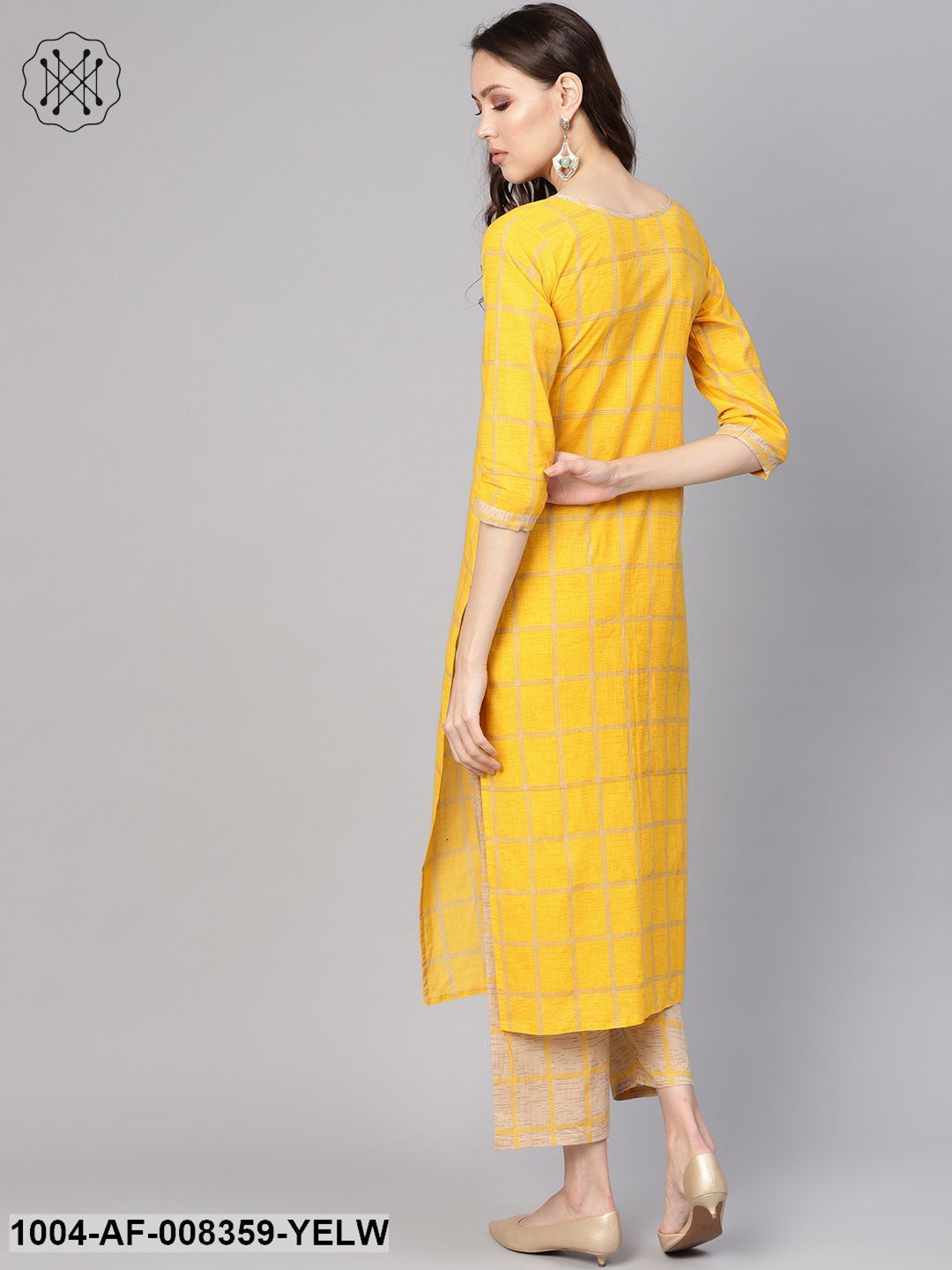 Yellow 3/4Th Sleeve Cotton Kurta With Beige Palazzo