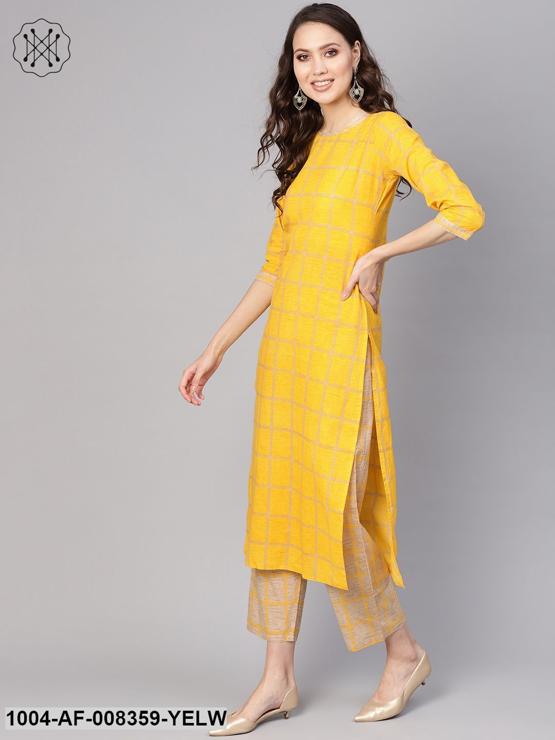 Yellow 3/4Th Sleeve Cotton Kurta With Beige Palazzo