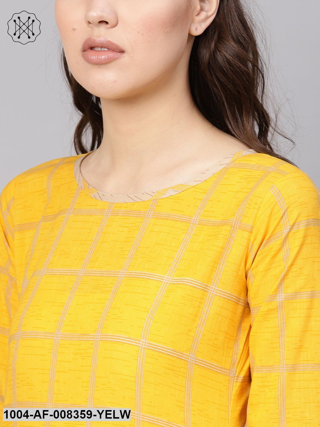 Yellow 3/4Th Sleeve Cotton Kurta With Beige Palazzo