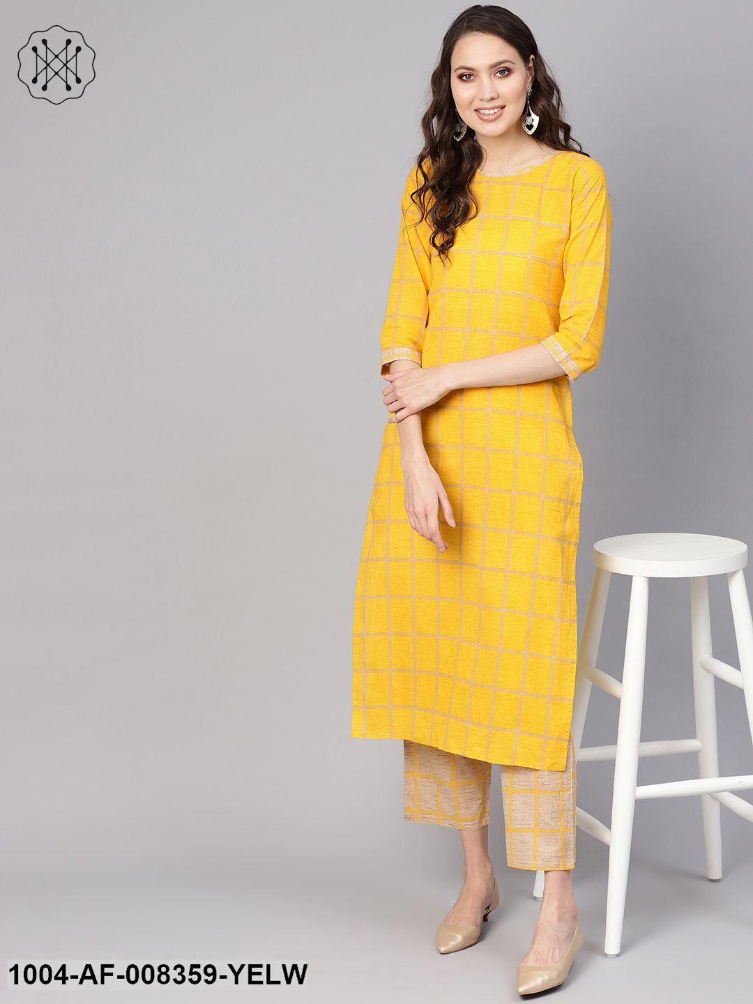 Yellow 3/4Th Sleeve Cotton Kurta With Beige Palazzo