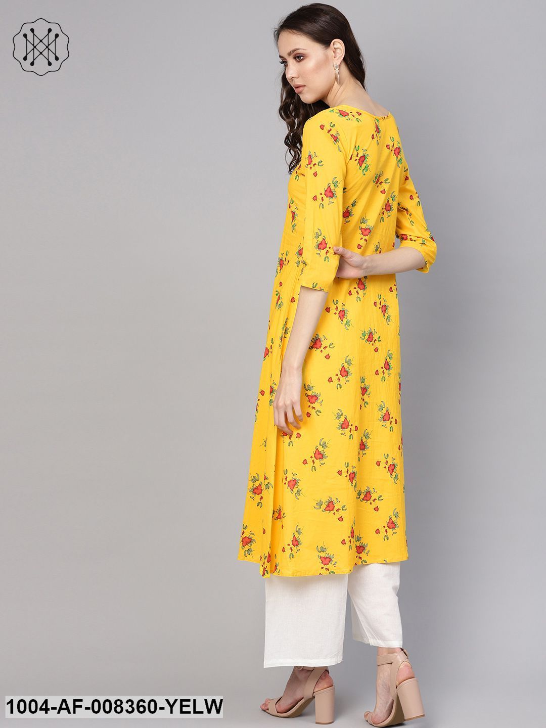 Yellow Floral Printed 3/4Th Sleeve A-Line Kurta With White Palazzo