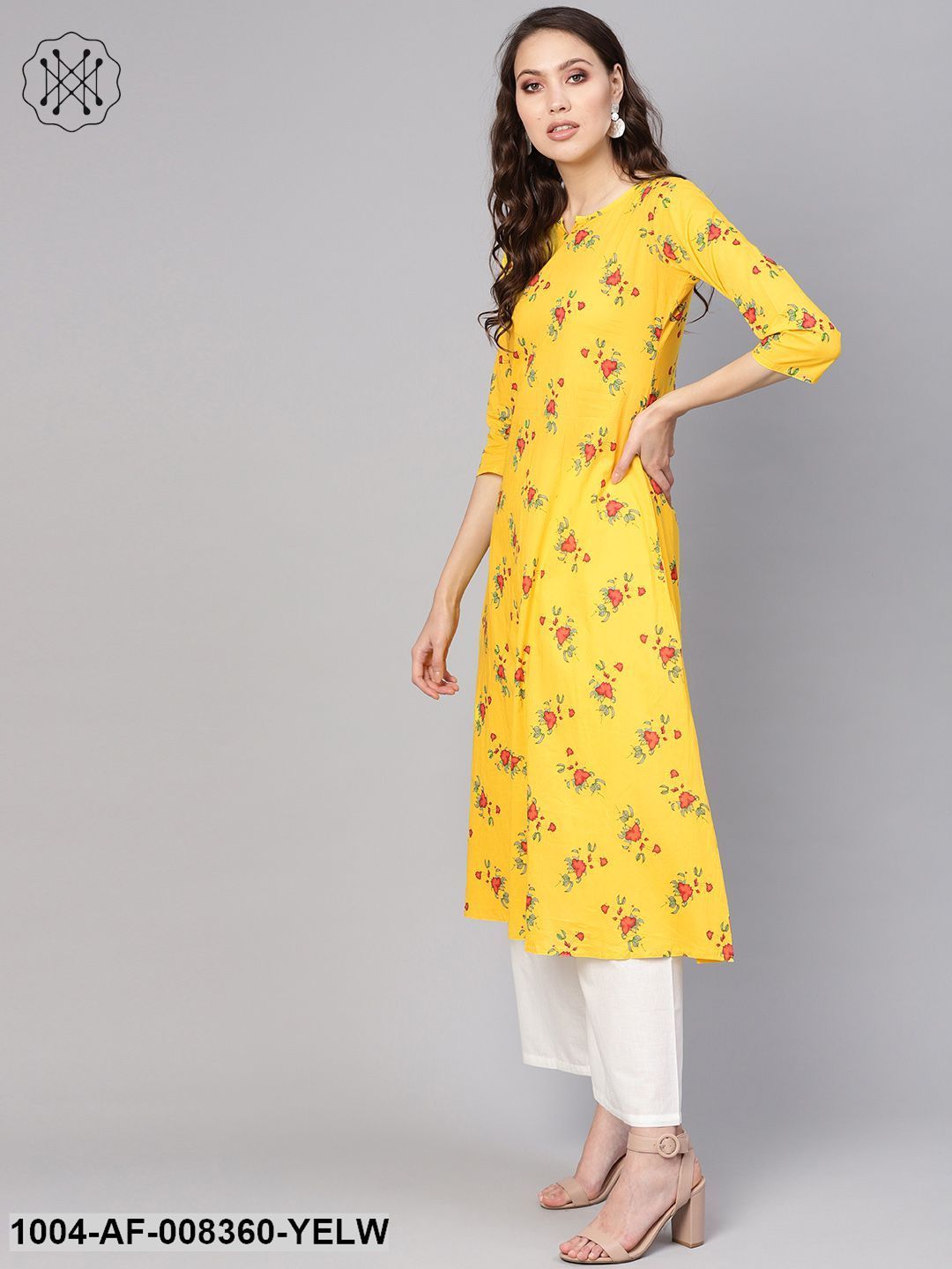 Yellow Floral Printed 3/4Th Sleeve A-Line Kurta With White Palazzo