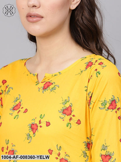 Yellow Floral Printed 3/4Th Sleeve A-Line Kurta With White Palazzo