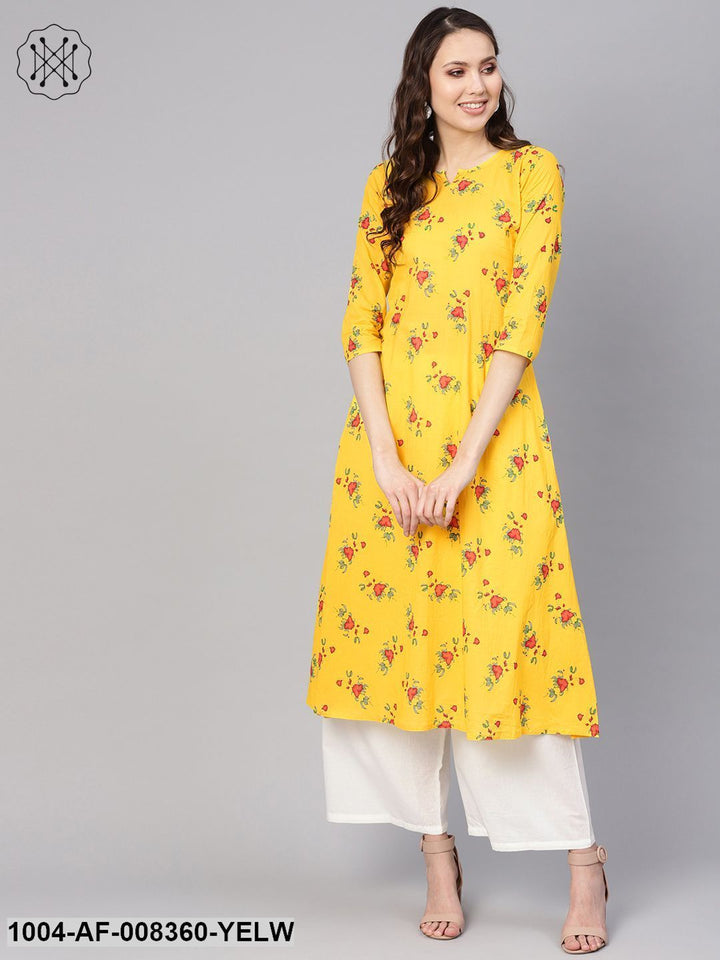 Yellow Floral Printed 3/4Th Sleeve A-Line Kurta With White Palazzo