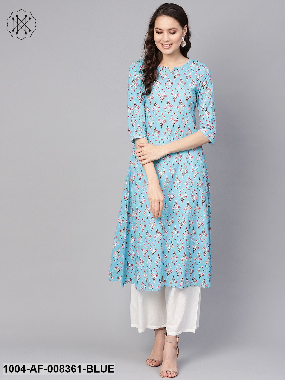 Sky Blue Floral Printed 3/4Th Sleeve A-Line Kurta With White Palazzo