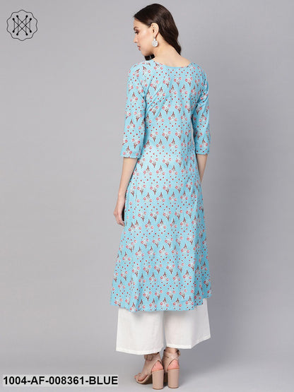 Sky Blue Floral Printed 3/4Th Sleeve A-Line Kurta With White Palazzo