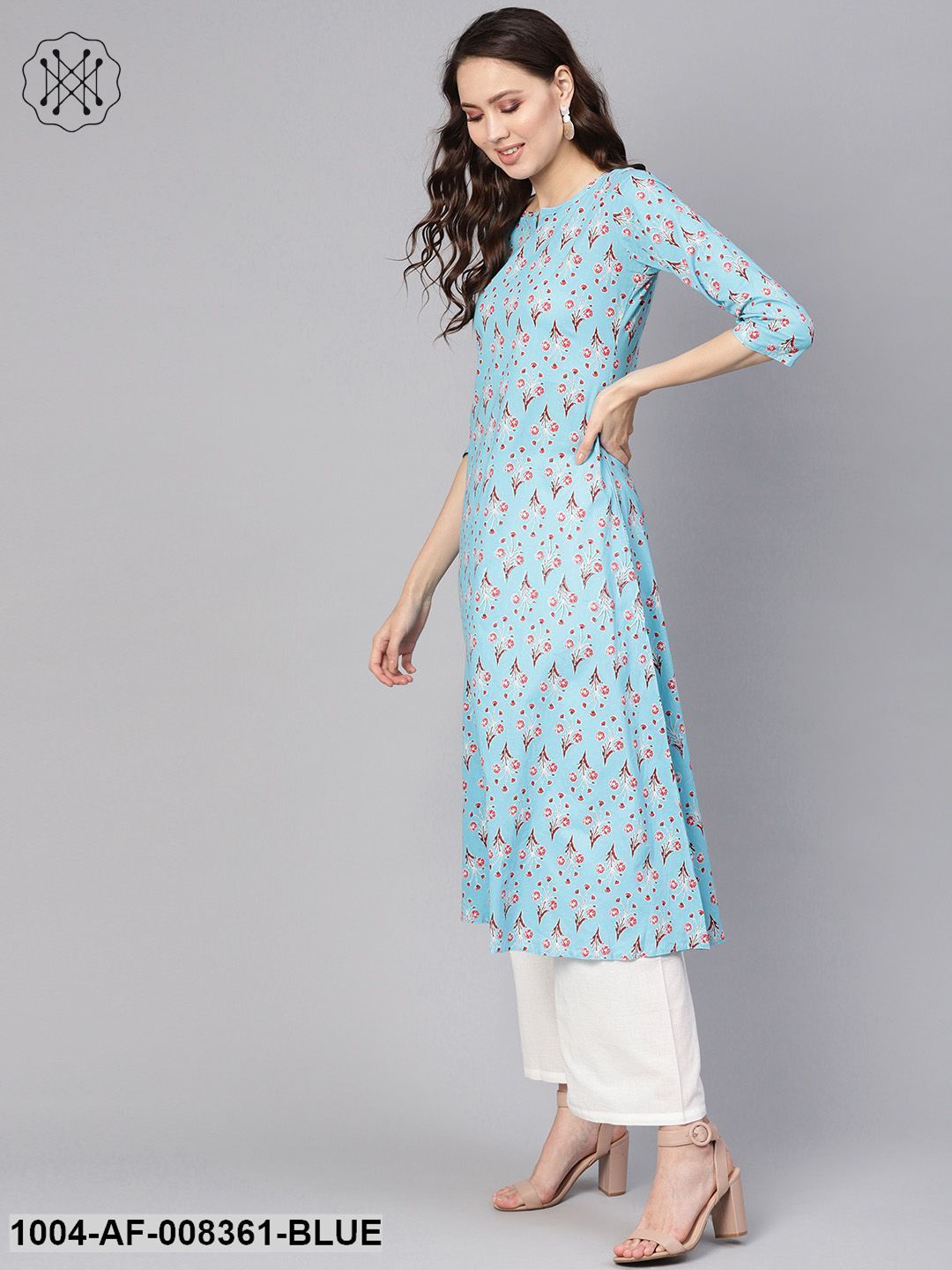 Sky Blue Floral Printed 3/4Th Sleeve A-Line Kurta With White Palazzo