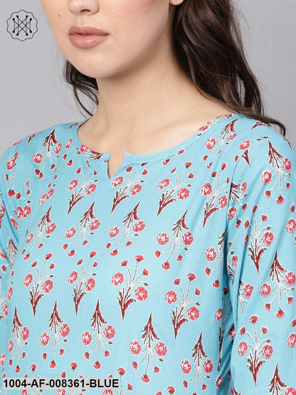 Sky Blue Floral Printed 3/4Th Sleeve A-Line Kurta With White Palazzo