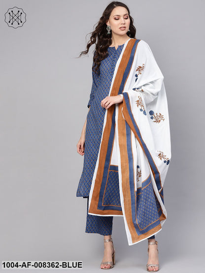 Blue & White Geometric Printed Kurta Set With Pants & Dupatta