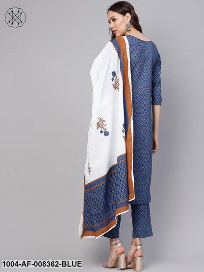 Blue & White Geometric Printed Kurta Set With Pants & Dupatta