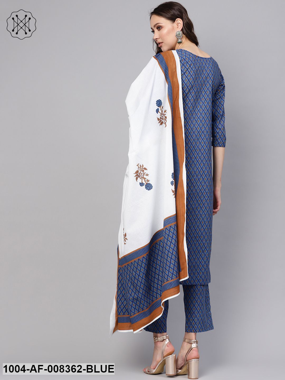 Blue &amp; White Geometric Printed Kurta Set With Pants &amp; Dupatta
