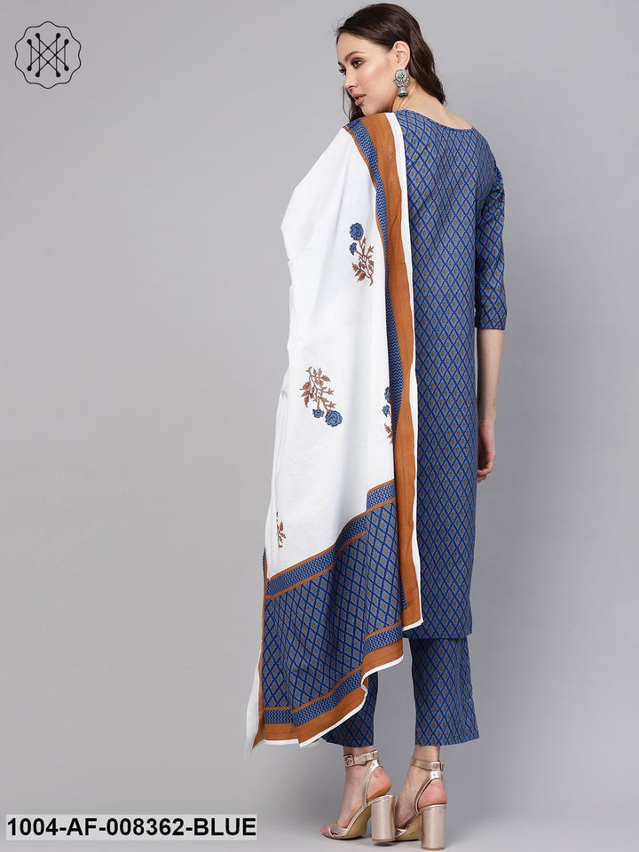 Blue &amp; White Geometric Printed Kurta Set With Pants &amp; Dupatta