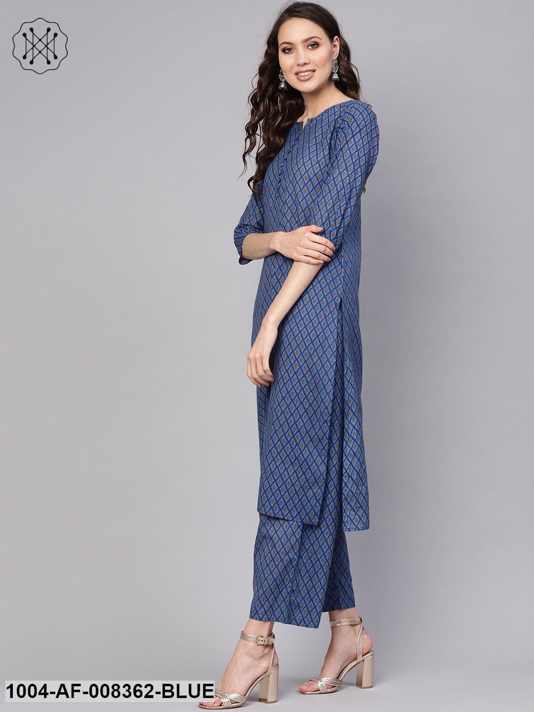 Blue & White Geometric Printed Kurta Set With Pants & Dupatta