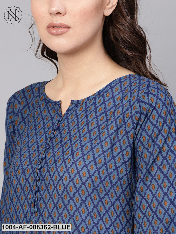 Blue &amp; White Geometric Printed Kurta Set With Pants &amp; Dupatta