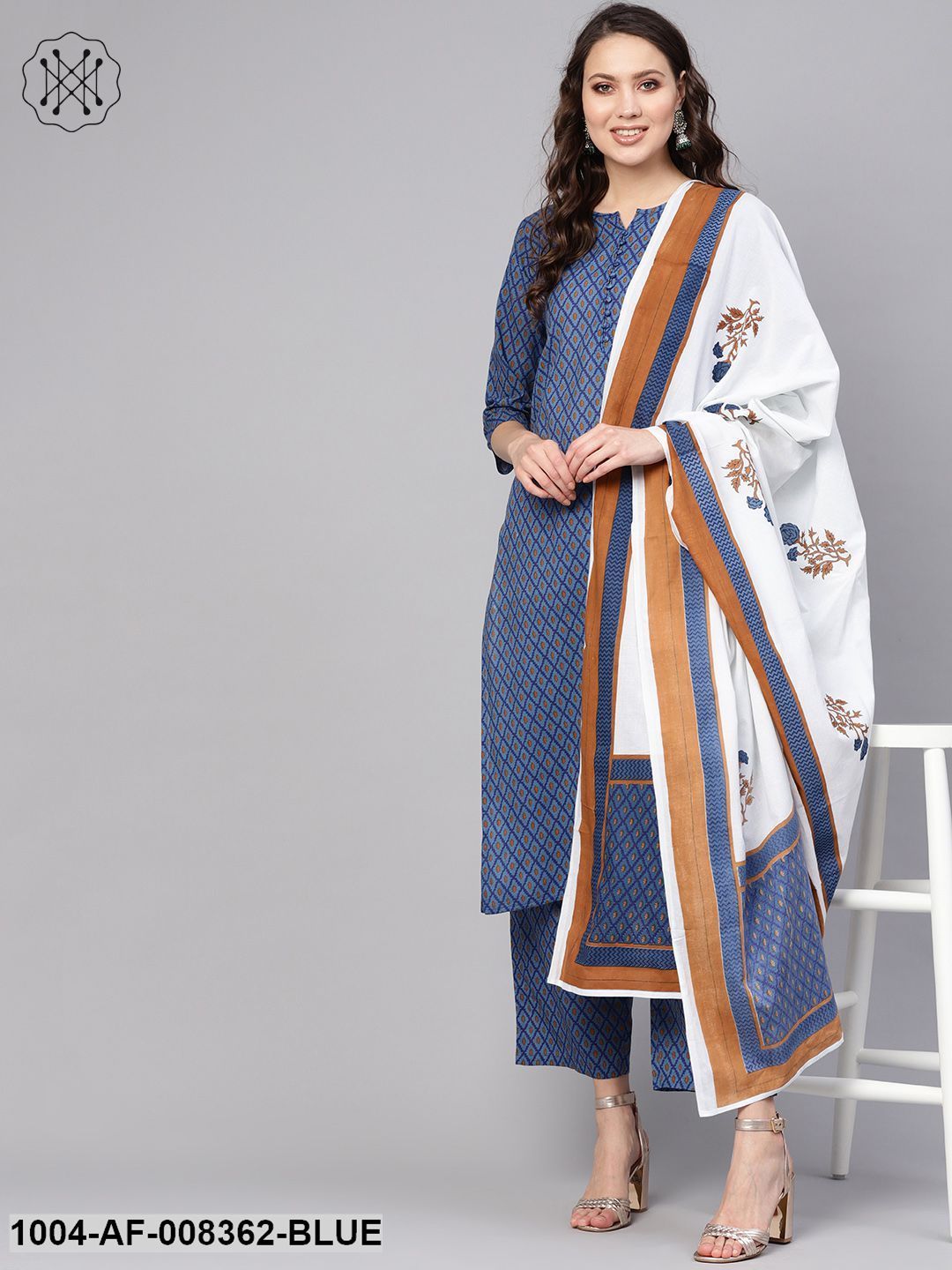 Blue & White Geometric Printed Kurta Set With Pants & Dupatta