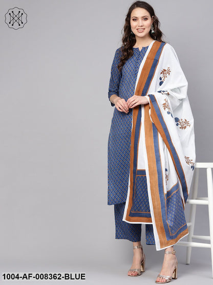 Blue & White Geometric Printed Kurta Set With Pants & Dupatta