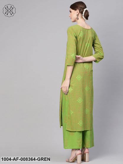 Green Geometric Printed Cotton Straight Kurta With Green Palazzo