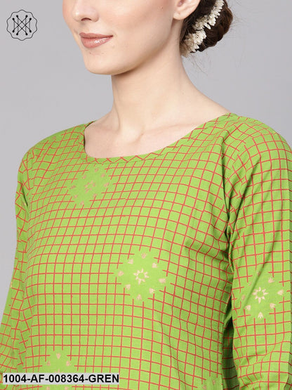Green Geometric Printed Cotton Straight Kurta With Green Palazzo