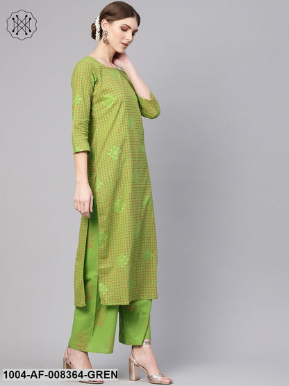 Green Geometric Printed Cotton Straight Kurta With Green Palazzo