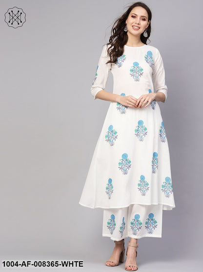 White Printed 3/4Th Sleeve Cotton A-Line Kurta With Palazzo