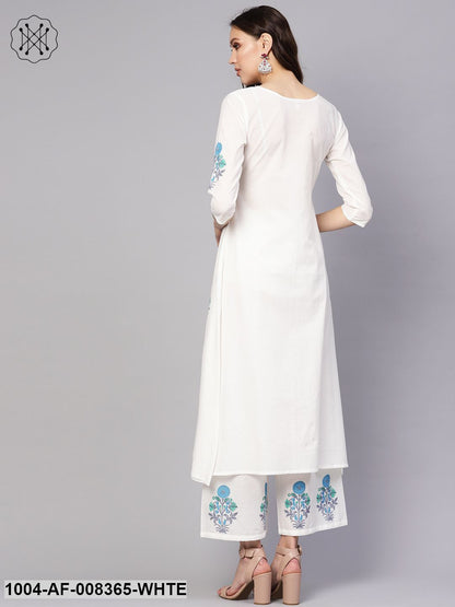 White Printed 3/4Th Sleeve Cotton A-Line Kurta With Palazzo