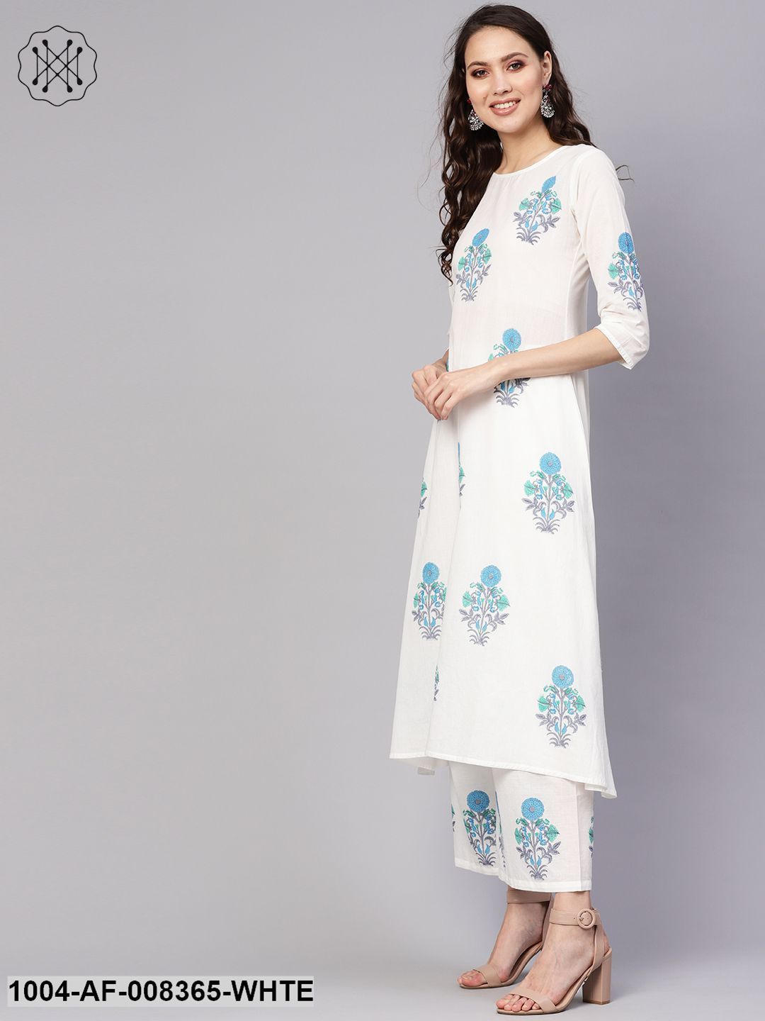 White Printed 3/4Th Sleeve Cotton A-Line Kurta With Palazzo