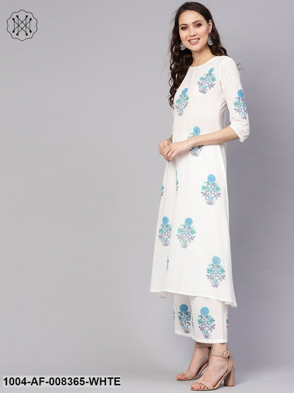 White Printed 3/4Th Sleeve Cotton A-Line Kurta With Palazzo