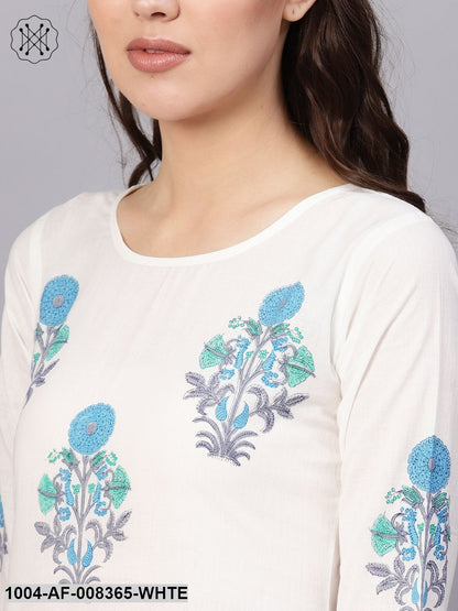 White Printed 3/4Th Sleeve Cotton A-Line Kurta With Palazzo