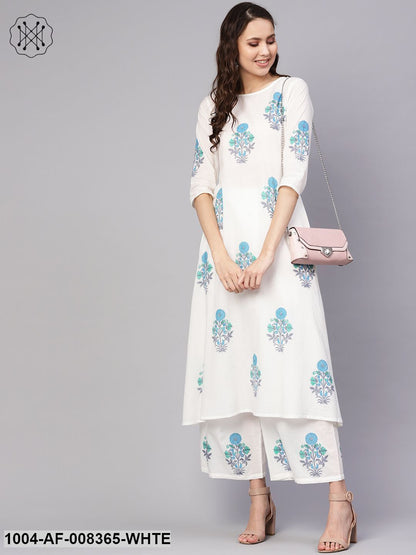 White Printed 3/4Th Sleeve Cotton A-Line Kurta With Palazzo