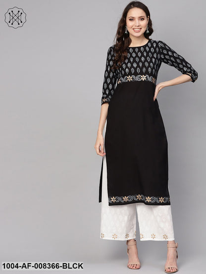 Black Yoke Printed Cotton Straight Kurta With White Printed Palazzo