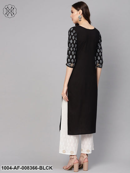 Black Yoke Printed Cotton Straight Kurta With White Printed Palazzo