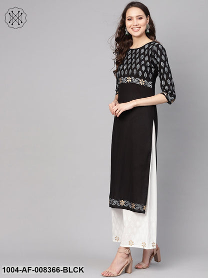 Black Yoke Printed Cotton Straight Kurta With White Printed Palazzo
