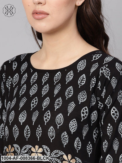 Black Yoke Printed Cotton Straight Kurta With White Printed Palazzo