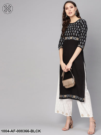 Black Yoke Printed Cotton Straight Kurta With White Printed Palazzo