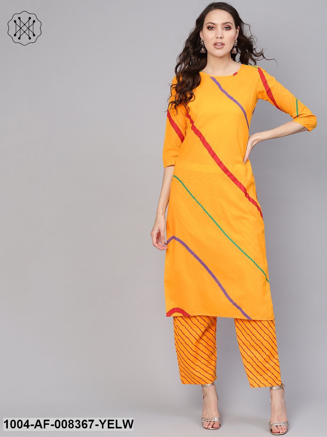 Yellow Lehriya 3/4Th Sleeve Cotton Straight Kurta With Striped Pant