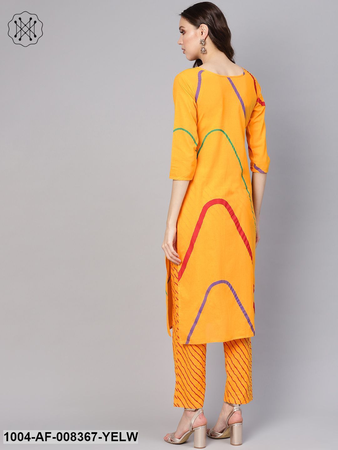 Yellow Lehriya 3/4Th Sleeve Cotton Straight Kurta With Striped Pant