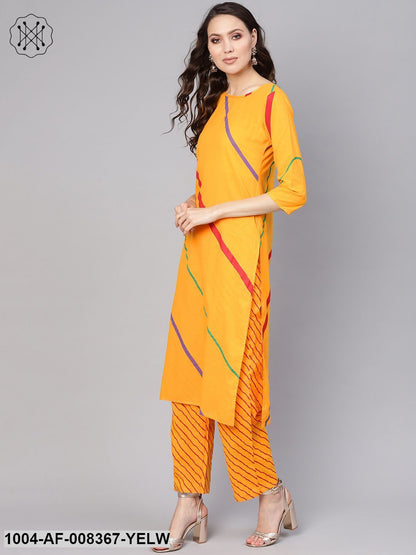 Yellow Lehriya 3/4Th Sleeve Cotton Straight Kurta With Striped Pant