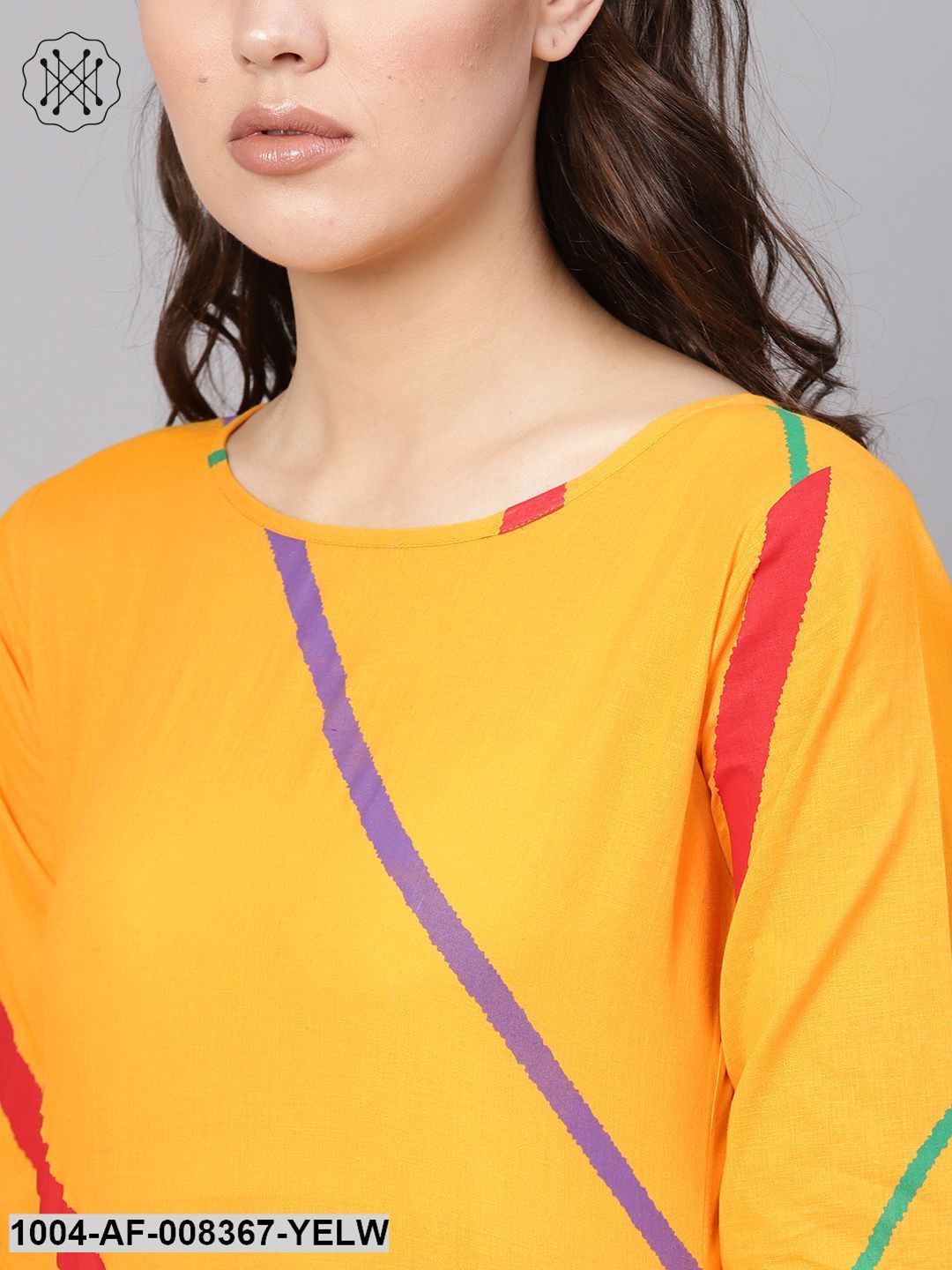 Yellow Lehriya 3/4Th Sleeve Cotton Straight Kurta With Striped Pant