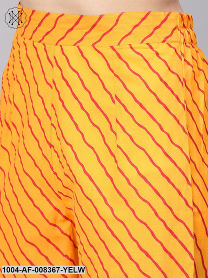 Yellow Lehriya 3/4Th Sleeve Cotton Straight Kurta With Striped Pant