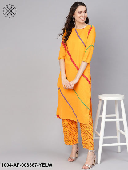 Yellow Lehriya 3/4Th Sleeve Cotton Straight Kurta With Striped Pant